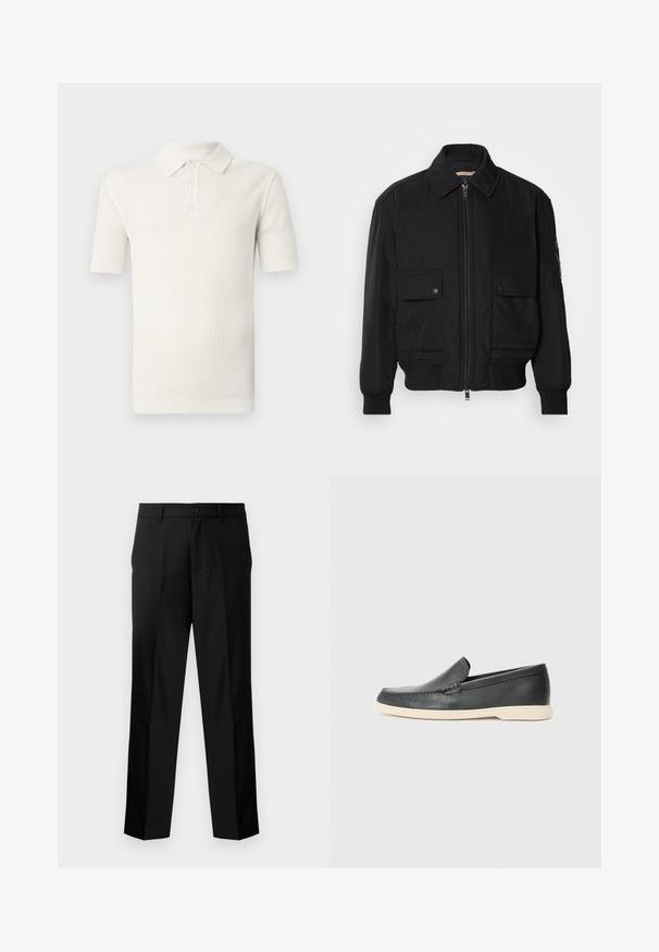 Musta pommijakku, joka on valmistettu sileästä, kevyestä kankaasta. Varusteena vetoketjukiinnitys, kaksi napillista rintataskua ja ribbattu hihansuu.; Valkoinen lyhythihainen polo paita, joka on valmistettu teksturoidusta neulekankaasta. Paidassa on kaulus ja kolmonnapainikointi, sekä ribbireunus helmassa ja hihoissa.; Mustat räätälöidyt housut suoran leikkauksen kanssa, joissa on nappisulku, vetoketjulahje ja vyölenkit. Sileä kangas ja sivutaskut.; Mustat nahkakengät ilman nauhoja, joissa on teksturoitu pinta ja kontrastoiva beige kumipohja. Kengissä on hillitty yksityiskohta etuosassa.