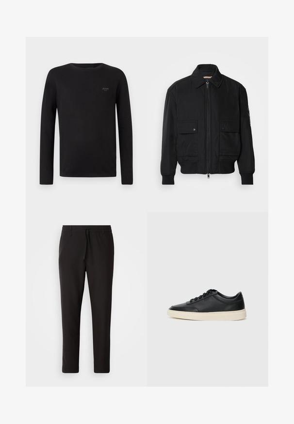 Must mustrakk musth kergestikuti kergemest kuduklett, kergete vestid valjase tormakate. Omab fasadi lukkumist, kahte nööbül pulsiv кофейня ning ribitud käiseid.; Must musta pikkade varrukatega T-särk, mis on valmistatud pehmest kangast, ümmarguse kaelusega ja väikese logoga vasakul ülalpool.; Mustad jogger-püksid, mis on valmistatud siledast kangast. Omavad elastset pihaotsikut koos paelaga, kitsenevaid jalaosi ja nähtamatuid taskuid. Lihtne disain.; Mustad musta nahast madal sneaker mustade nööpidega ja kreemivalge tallaga, nähtud külgprofiilis valge tausta ees.