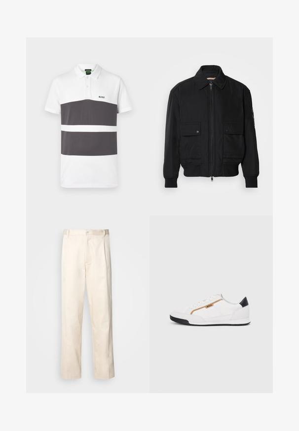 Musta pommijakku, joka on valmistettu sileästä, kevyestä kankaasta. Varusteena vetoketjukiinnitys, kaksi napillista rintataskua ja ribbattu hihansuu.; Paita polo valkoisena ja tummanharmaana kolmella vaakasuoralla raidalla. Sisältää klassisen kauluksen, lyhyet hihat ja pienen logon rinnassa.; Vaaleanbeige puuvillahousut, joissa on suora lahje, varustettu nappisulkeisella ja etupuolella olevilla laskoksilla lisäyksinä.; Valkoiset urheilukengät, joissa on verkkokudosta ja nahkaosia. Varustettu kultaisella "BOSS"-logolla, tekstuurillisilla sivupaneeleilla ja mustalla kantapäällä. Kumikanta.