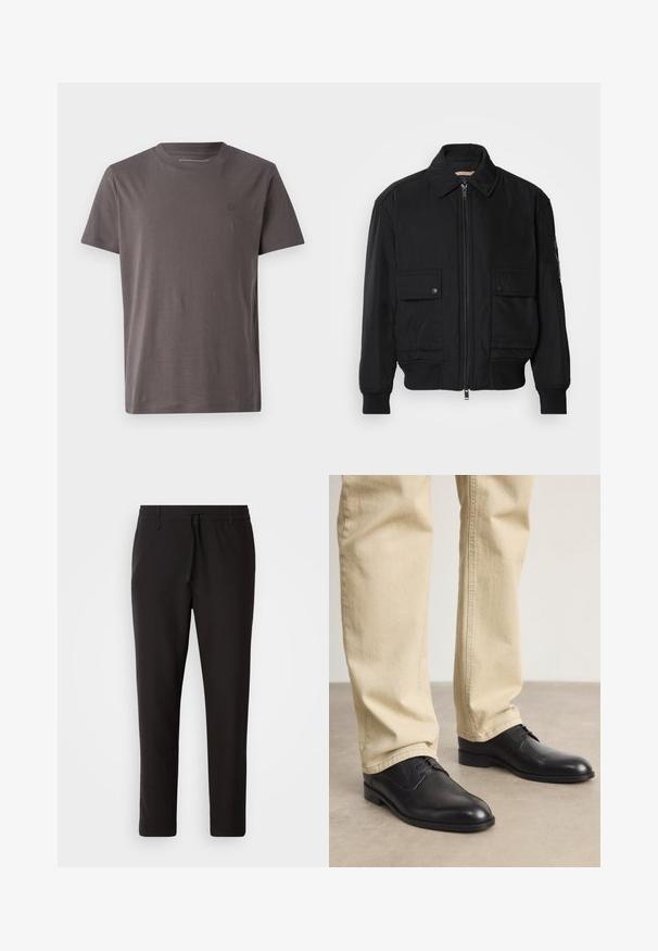 Must mustrakk musth kergestikuti kergemest kuduklett, kergete vestid valjase tormakate. Omab fasadi lukkumist, kahte nööbül pulsiv кофейня ning ribitud käiseid.; Lühikeste varrukatega ümar kaelusega T-särk tumehallist pehmest puuvillast, millel on rinnal diskreetne logo ja regulaarne lõige.; Mustad jogger-püksid, mis on valmistatud siledast kangast. Omavad elastset pihaotsikut koos paelaga, kitsenevaid jalaosi ja nähtamatuid taskuid. Lihtne disain.; Mustad musta nahast nööriga kengad, millel on ümmargune nina, sile viimistlus ja peened õmblusdetailid, kantud heledate beezide pükstega.