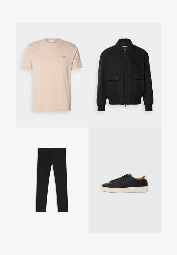 Chaqueta bomber negra de tejido suave y ligero. Cuenta con cierre de cremallera en la parte delantera, dos bolsillos en el pecho con botón y puños acanalados.; Camiseta de algodón color beige claro con cuello redondo. Presenta un pequeño logo bordado en el lado izquierdo del pecho. Doquier recto y mangas cortas.; Pantalones negros de tela con una textura suave. Cuentan con cierre de botón, trabillas para cinturón y bolsillos laterales. Diseño de pierna recta estándar.; Zapatillas negras de cuero con una textura suave, suela de goma beige, diseño de cordones y un acento en el talón de color contrastante.