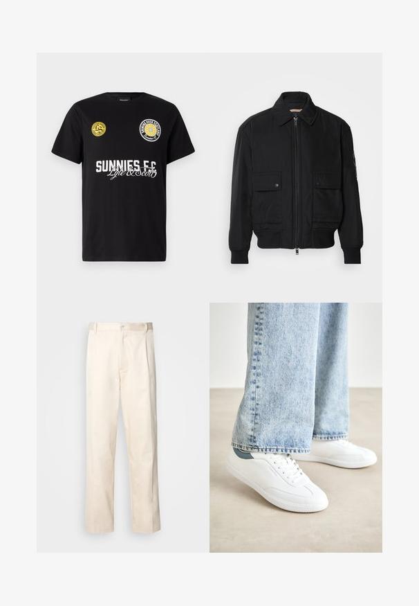 Juodas bomber stiliaus švarkas, pagamintas iš sklandaus, lengvo audinio. Su užtrauktuku priekyje, dviem kišenėmis su sagomis ant krūtinės ir guma apykaklėje.; Juodas medvilninis marškinėliai su dviem apvaliais logotipais ant krūtinės. "Sunnies FC" užrašytas drąsiomis baltomis raidėmis su šriftu kursyvu po juo.; Bežinės medvilninės kelnės su tiesiu kirpimu, turinčios mygtuko uždarymą ir priekyje raukšles papildomai dekoratyviam akcentui.; Baltos sportbačiai su lygiu paviršiumi, raišteliais ir tekstūruota guma, su žaliu akcentu ant kulno, derinami su šviesiai mėlynomis džinsinėmis kelnėmis.