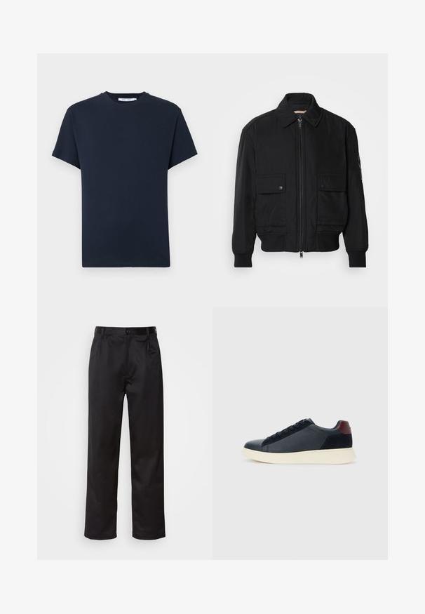 Musta pommijakku, joka on valmistettu sileästä, kevyestä kankaasta. Varusteena vetoketjukiinnitys, kaksi napillista rintataskua ja ribbattu hihansuu.; T-paita tummansinisestä puuvillasta, lyhythihainen, jossa pyöreä kaula-aukko ja rento leikkaus. Yksinkertainen, yhdenvärinen ilman kuvioita.; Musta housut sileästä kankaasta, joissa on etupainike, laskokset ja suorat lahkeet. Ei näkyviä kuvioita tai korostuksia.; Miestne bežecké tenisky s nízkym strihom v čiernej koži a semišovej úprave s bordovým jazykom a bielou gumovou podrážkou, pohľad z vonkajšej strany.