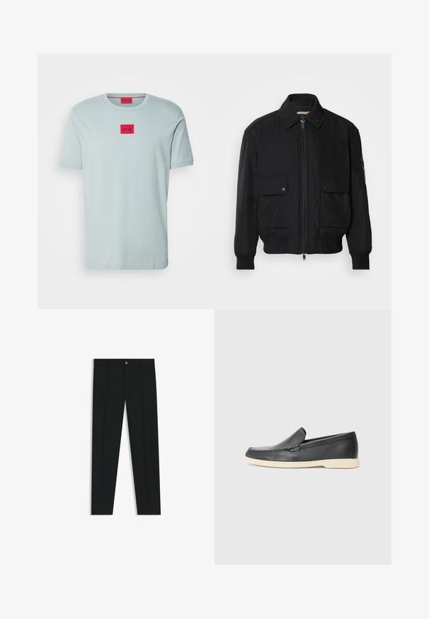 Sort bomberjakke lavet af glat, letvægtsstof. Har lynlås foran, to knap-lukkede brystlommer og ribbede manchetter.; HUGO DIRAGOLINO - T-shirts basic - open grey; Sorte dressbukser med lige ben-design, lavet af glat stof. Har en frontlukning med knap og bæltestropper. Enkle uden mønstre.; Sorte læder slip-on loafers med en struktureret overflade og en kontrasterende beige gummisål. Har en subtil detalje langs forsiden.