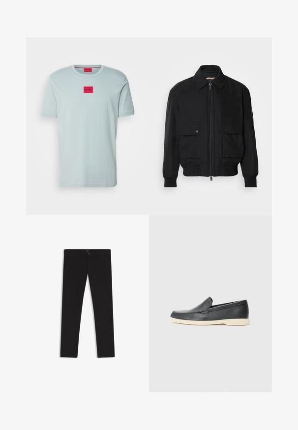 Musta pommijakku, joka on valmistettu sileästä, kevyestä kankaasta. Varusteena vetoketjukiinnitys, kaksi napillista rintataskua ja ribbattu hihansuu.; HUGO DIRAGOLINO - T-paita - open grey; Mustat housut, jotka on valmistettu sileätekstiilisestä kankaasta. Varustettu nappikiinnityksellä, vyölenkeillä ja sivutaskuilla. Standardi suora lahjemalli.; Mustat nahkakengät ilman nauhoja, joissa on teksturoitu pinta ja kontrastoiva beige kumipohja. Kengissä on hillitty yksityiskohta etuosassa.