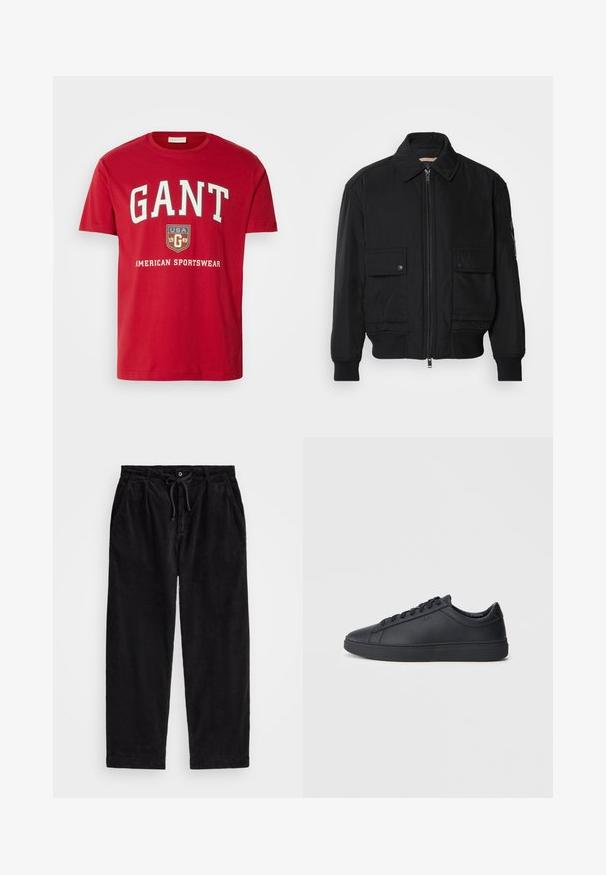 Black bomber jacket made of smooth, lightweight fabric. Features a zip front, two buttoned chest pockets, and ribbed cuffs.; Red cotton t-shirt featuring bold white "GANT" logo, a shield with "USA 1949," and "AMERICAN SPORTSWEAR" text below. Classic crew neck design.; Black corduroy pants with a relaxed fit, featuring an elastic waistband with a drawstring, and side pockets. Fabric shows ribbed texture.; Black sneakers made of smooth leather with a low-top design, round toe, and flat rubber sole. Features laces and subtle branding.