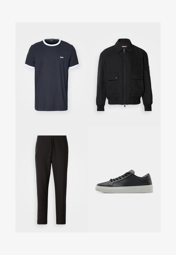 Black bomber jacket made of smooth, lightweight fabric. Features a zip front, two buttoned chest pockets, and ribbed cuffs.; Short-sleeve T-shirt in dark navy with light blue ribbed collar and sleeve hems, featuring a small white "BOSS" logo on the left chest.; Black jogger pants made of smooth fabric. Feature an elastic waistband with a drawstring, tapered legs, and no visible pockets. Simple design.; Black leather sneaker with a smooth texture, round toe, and black laces. Features a thick, white rubber sole with subtle geometric accents.