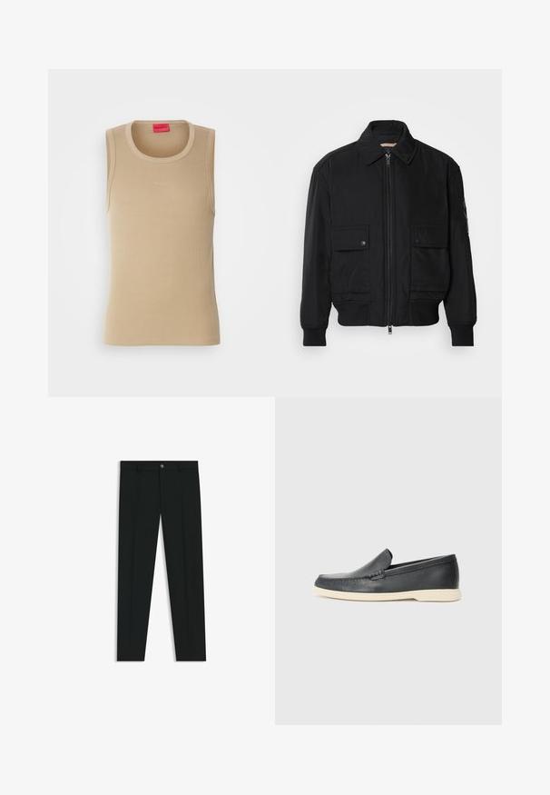 Giacca bomber nera realizzata in tessuto morbido e leggero. Caratterizzata da una chiusura con zip frontale, due tasche sul petto con bottone e polsini a costine.; Canotta beige realizzata in tessuto a costine, con scollatura rotonda e un piccolo logo "HUGO" in rilievo sul davanti. Senza maniche.; Pantaloni neri in tessuto lisci, con design a gamba dritta. Presentano una chiusura frontale con bottone e passanti per cintura. Senza fantasie.; Mocassini neri in pelle con finitura testurizzata e suola in gomma beige a contrasto. Presentano un accento sottile lungo la parte anteriore.