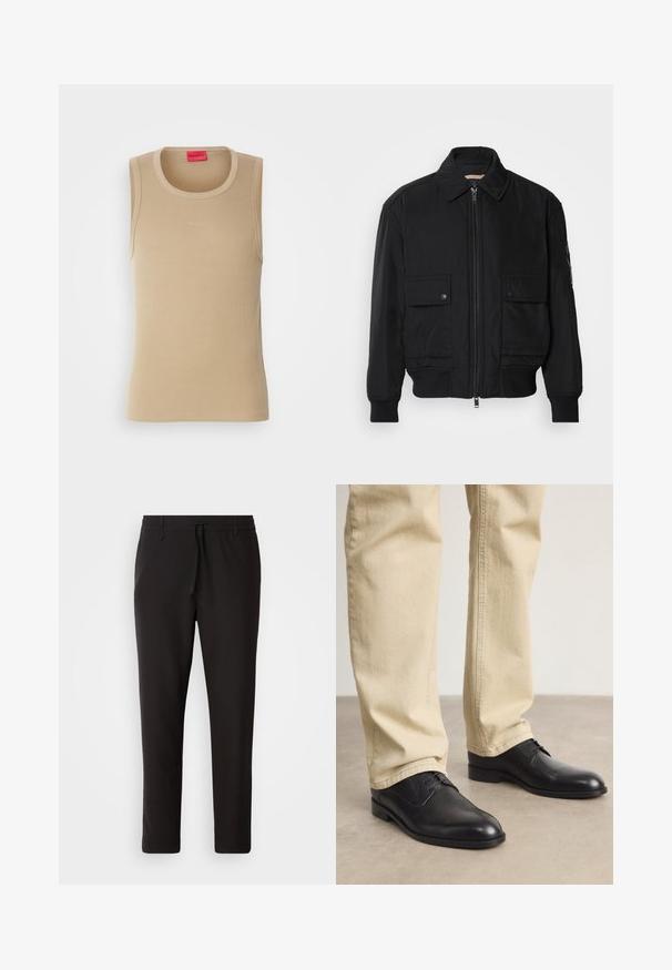 Čierna bomber bunda vyrobená z hladkej, ľahkej látky. Má zips na prednej strane, dve gombíkové vrecká na hrudi a ribbované manžety.; Bežový tielko z rebrovanej látky s okrúhlym výstrihom a malým, embosovaným logom "HUGO" na prednej strane. Bez rukávov.; Čierne jogger nohavice vyrobené z hladkej tkaniny. Majú elastický pás s šnúrkou, zúžené nohavice a žiadne viditeľné vrecká. Jednoduchý dizajn.; Čierne kožené šnurovacie topánky s okrúhlou špičkou, hladkým povrchom a jemnými detailmi prešitia, nosené so svetlo béžovými nohavicami.