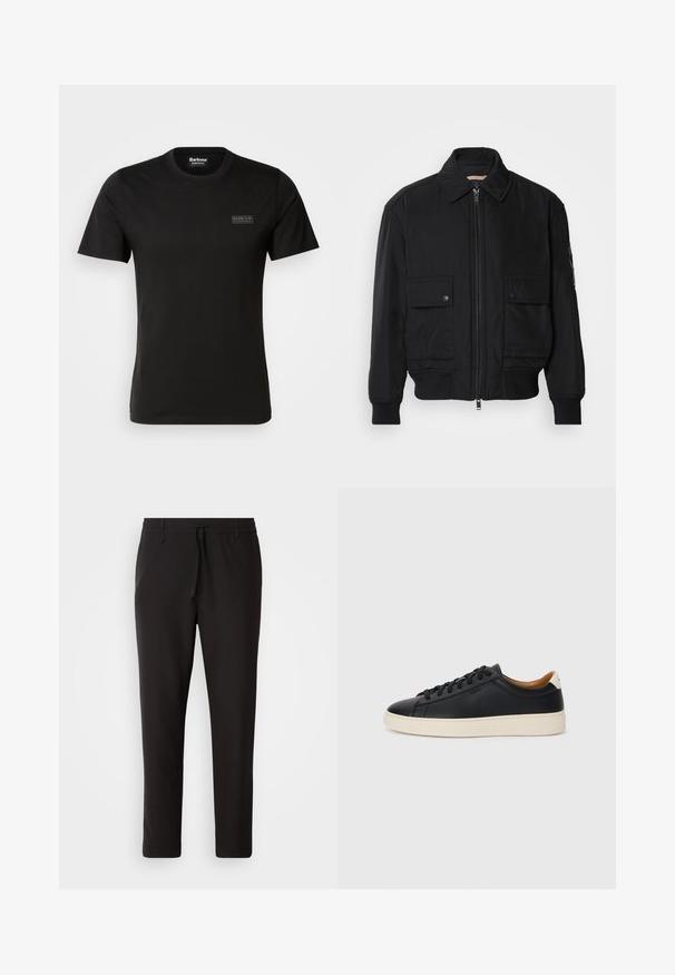 Jachetă bomber neagră, fabricată dintr-un material neted și ușor. Dispune de un fermoar frontal, două buzunare cu nasturi pe piept și manșete ribbrate.; Tricou din bumbac negru, cu mâneci scurte, decolteu rotund și un mic logo embosat pe partea stângă a pieptului. Textură moale și croială clasică.; Pantaloni de jogging negri, confecționați dintr-un material neted. Prezintă un talie elastică cu șnur, picioare conice și fără buzunare vizibile. Design simplu.; Căști din piele neagră cu o textură netedă, talpă din cauciuc bej, design cu șireturi și un accent contrastant la călcâi.