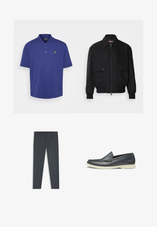 Musta pommijakku, joka on valmistettu sileästä, kevyestä kankaasta. Varusteena vetoketjukiinnitys, kaksi napillista rintataskua ja ribbattu hihansuu.; Laivastonsininen polo-paita, joka on valmistettu puuvillasta. Siinä on kaulus, kolme nappia ja pieni keltainen logo rinnassa. Lyhyet hihat.; Tummanharmaat housut, joissa on teksturoitu kangas, jossa on hienovarainen kuvio, slim-fit-muotoilu, tavanomainen vyötärö ja yksi nappisulku.; Navy nahkahuilut, joissa on sileä pinta, helposti jalkaan laitettava muotoilu ja kontrastivalkoinen kumipohja. Omassa lisäkoristuksessa on koristeommel varpaissa.