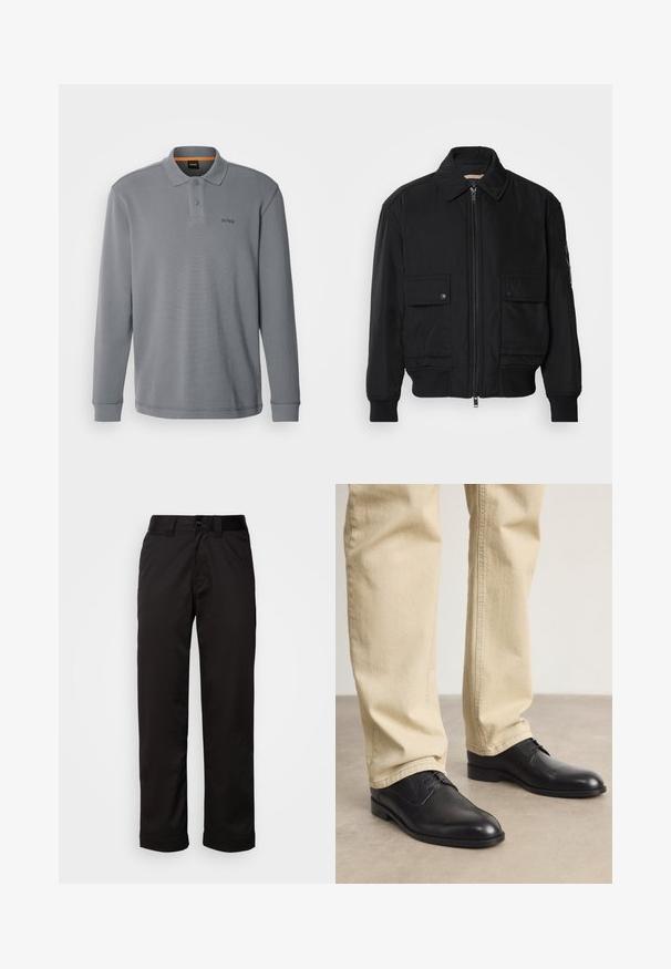 Chaqueta bomber negra de tejido suave y ligero. Cuenta con cierre de cremallera en la parte delantera, dos bolsillos en el pecho con botón y puños acanalados.; BOSS Camiseta de manga larga - dark grey; Pantalones negros de tela suave, con cremallera, cierre de botón y puños enrollados para un diseño casual.; Zapatos de cuero negro con cordones, puntera redondeada, acabado suave y sutiles detalles de costura, combinados con pantalones de color beige claro.