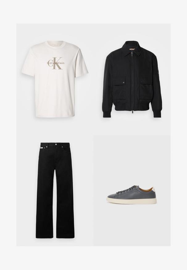 Juodas bomber stiliaus švarkas, pagamintas iš sklandaus, lengvo audinio. Su užtrauktuku priekyje, dviem kišenėmis su sagomis ant krūtinės ir guma apykaklėje.; Balta trumpa rankovėmis medvilninė marškinėliai su kreminės spalvos "cK Calvin Klein" logotipu, spausdintu ant krūtinės, apvali iškirptė ir laisvas siluetas.; Juodos džinsinės kelnės su plačiu kojų dizainu, turinčios penkias kišenes ir metalinius sagčių akcentus. Lygus paviršius, be matomų raštų.; Pilkas odinis sportbačiai su apvaliu nosiu, guminėmis padangomis, lygiais raišteliais ir šviesiomis akcentais ant kulno. Lygus paviršius ir minimalistinis dizainas.
