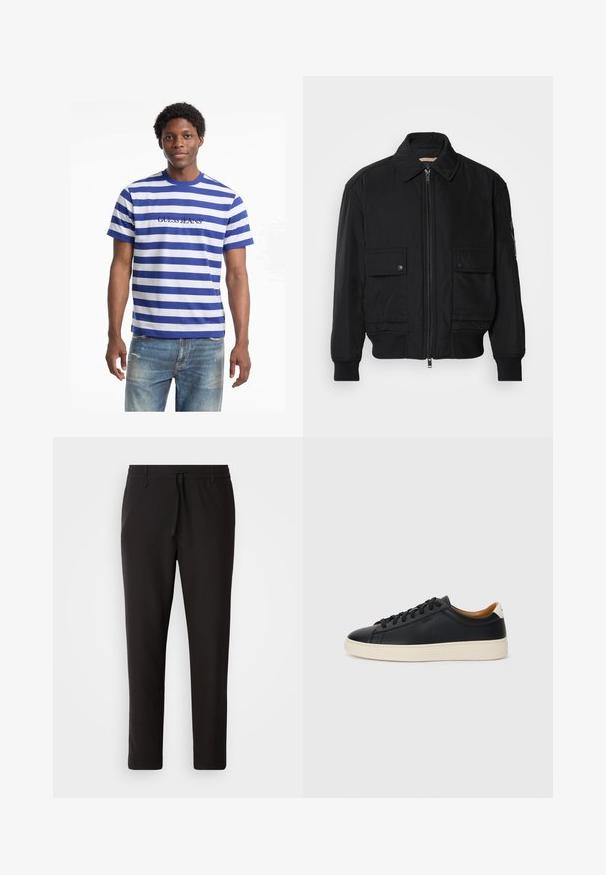 Must mustrakk musth kergestikuti kergemest kuduklett, kergete vestid valjase tormakate. Omab fasadi lukkumist, kahte nööbül pulsiv кофейня ning ribitud käiseid.; Sinine ja valge triibuline T-särk, ümara kaelusega, mille esiosas on tumesinise eemaldatud "GUESS JEANS" logo. Lõdva lõikega.; Mustad jogger-püksid, mis on valmistatud siledast kangast. Omavad elastset pihaotsikut koos paelaga, kitsenevaid jalaosi ja nähtamatuid taskuid. Lihtne disain.; Mustad nahast tennised sujuva pindadega, beež kummist tallaga, paelaga kinnitamine ja kontrastse kanna aktsendiga.