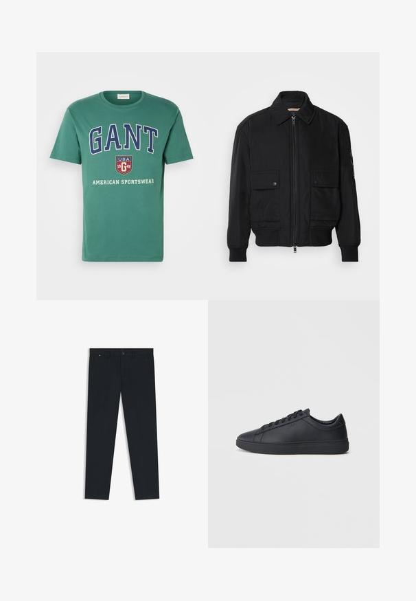 Musta pommijakku, joka on valmistettu sileästä, kevyestä kankaasta. Varusteena vetoketjukiinnitys, kaksi napillista rintataskua ja ribbattu hihansuu.; Vihreä puuvillapaita, jossa on rohkeaa valkoista ja laivastonsinistä tekstiä, joka sanoo "GANT", "USA 1949" ja "American Sportswear". Klassinen pyöreä kaula-aukko.; Miestne tmavomodré nohavice vyrobené z ľahkého materiálu. Majú zapínanie na gombík, pútka na opasok a dve bočné vrecká. Priame nohy.; Mustat lenkkarit, jotka on valmistettu sileästä nahasta, matalalla varrella, pyöreällä varvalla ja tasaisella kumipohjalla. Varusteena nauhat ja huomaamaton brändäys.
