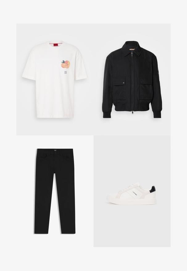 Zwarte bomberjack gemaakt van soepel, lichtgewicht materiaal. Voorzien van een ritssluiting aan de voorkant, twee knoopsluitingen op de borstzakken en geribbelde manchetten.; Witte katoenen t-shirt met een ronde halslijn, korte mouwen en een afbeelding van een sinaasappel met groene bladeren, met daaronder de tekst "HUGO".; Zwarte denim broek met een rechte snit, voorzien van een standaard tailleband, vijf zakken en een knoopsluiting. Gladde textuur overal.; Witte sneakers met lichtroze en zwarte accenten, met gladde leren en suède panelen, ronde neus en platte rubberen zool.