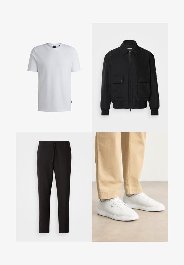 Juodas bomber stiliaus švarkas, pagamintas iš sklandaus, lengvo audinio. Su užtrauktuku priekyje, dviem kišenėmis su sagomis ant krūtinės ir guma apykaklėje.; Baltas trumpas rankovėmis marškinėliai, pagaminti iš tekstūruotos medžiagos, turintys apvalią iškirptę ir mažą logotipo etikete šone.; Juodi džinsai, pagaminti iš lygaus audinio. Yra elastinė juosmens juosta su raišteliu, siaurėjantys džinsai, be matomų kišenių. Paprastas dizainas.; Baltos odinės sportbačiai su lygia apdaila, su apvalia nosimi, nėriniais ir subtiliu logotipo detaliu šone, derinami su béžinėmis kelnėmis.