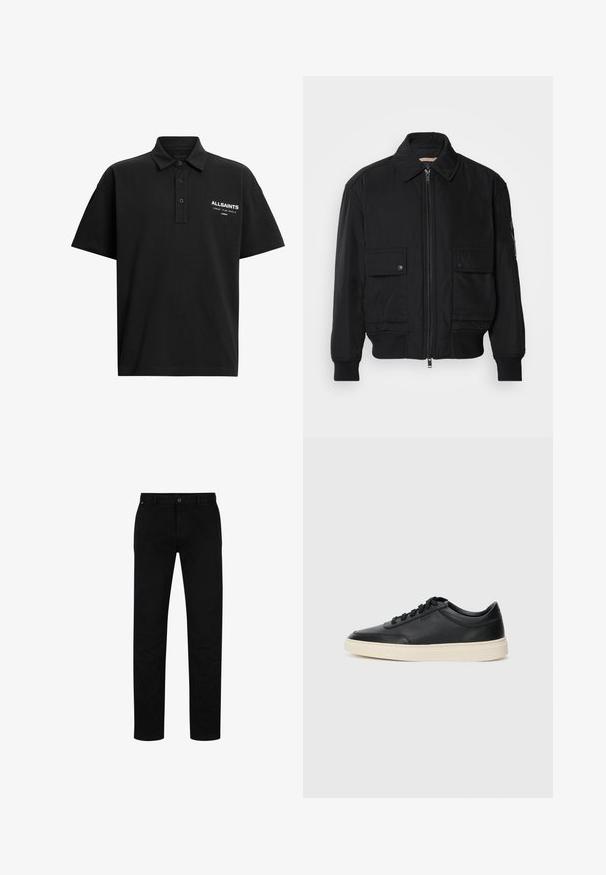 Čierna bomber bunda vyrobená z hladkej, ľahkej látky. Má zips na prednej strane, dve gombíkové vrecká na hrudi a ribbované manžety.; Čierne polo tričko vyrobené z bavlny s klasickým golierom, dvoma gombíkmi a potlačeným logom v bielej farbe na ľavej strane hrude.; Čierne bavlnené nohavice so strihom rovného strihu, s gombíkovým zapínaním, pútkami na opasok a minimalistickým dizajnom. Hladká textúra, bez vzorov.; Čierne nízkoprevádzkové kožené tenisky s čiernymi šnúrkami a krémovou podrážkou zobrazené v bočnom profile na bielom pozadí.