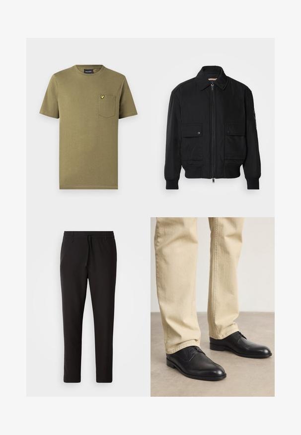 Jaqueta bomber preta feita de um tecido liso e leve. Apresenta um fecho zip à frente, dois bolsos no peito com botão e punhos canelados.; T-shirt de algodão verde-oliva com mangas curtas, decote redondo e bolso no peito com um pequeno logótipo amarelo. Textura suave.; Calças de jogging pretas feitas de tecido liso. Apresentam uma cintura elástica com cordão, pernas ligeiramente ajustadas e sem bolsos visíveis. Design simples.; Sapatos pretos de couro com atacadores, com bico arredondado, acabamento suave e detalhes de costura subtis, usados com calças bege claras.