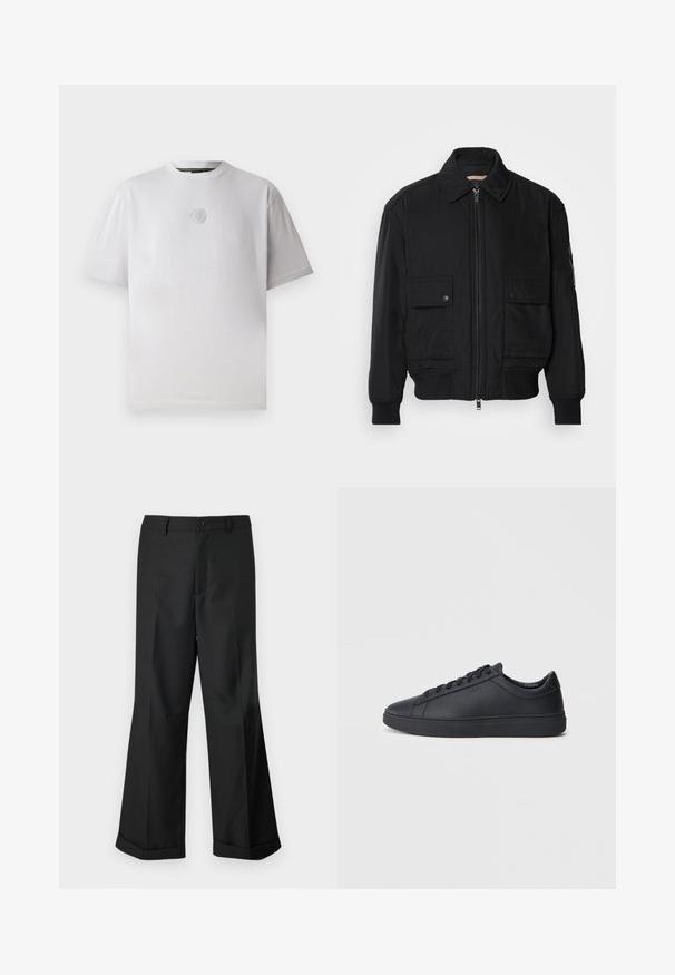 Černá bomber bunda vyrobená z hladkého, lehkého materiálu. Má zipový přední díl, dvě kapsy na hrudi s knoflíky a vroubkované manžety.; Bílá krátkosrstá tričko vyrobené z bavlny, s jemným vyraženým hexagonálním logem na hrudi, kulatým výstřihem a volným střihem.; Černé kalhoty s širokými nohavicemi, s páskem na knoflíky a zakončením nohavic do manžet, vystavené na čistém bílém pozadí.; Černé tenisky z hladké kůže s nízkým designem, kulatou špičkou a plochou gumovou podrážkou. Mají šněrování a nenápadné branding.