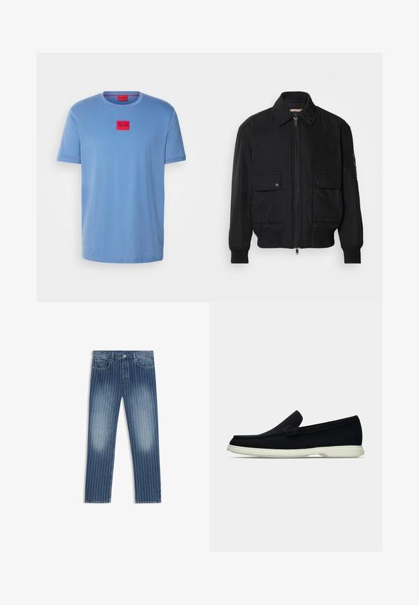 Juodas bomber stiliaus švarkas, pagamintas iš sklandaus, lengvo audinio. Su užtrauktuku priekyje, dviem kišenėmis su sagomis ant krūtinės ir guma apykaklėje.; Šviesiai mėlynas medvilninis marškinėlis su apvaliu iškirpimu, trumpomis rankovėmis ir raudonu kvadratiniu logotipo pleistru, kuriame yra žodis "HUGO" ant krūtinės.; Džinsai su juostelių raštu, vidutinio mėlynumo spalvos, su išblukusiomis vietomis, tiesaus kirpimo, penkios kišenės ir metalinė sagtys.; Juodas slip-on avalynė su apvaliu pirštu, turintis tekstūruotą paviršių, lygią baltą platformą ir subtilų prekės ženklą šone.