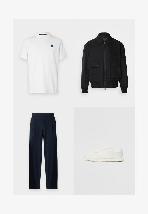 Fekete bomberdzseki sima, könnyű anyagból. Cipzáras elülső részével, két gombos mellzsebével és bordás mandzsettáival rendelkezik.; Fehér póló ing, pamutból készült, galléros nyakkal, három gombbal, és bal mellen kék hímzett logóval.; Sötétkék nadrág sima textúrával, széles lábakkal, elülső redőkkel, övlyukkal és cipzáros záródással. Formális és alkalmi viseletre is megfelelő.; Fehér sneaker hálós és szintetikus felsőrésszel, kerek orral, lapos fűzőkkel és textúrázott oldalsávval. Gumi talp hátul húzófüllel.