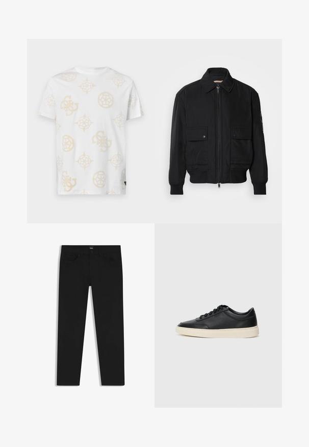 Musta pommijakku, joka on valmistettu sileästä, kevyestä kankaasta. Varusteena vetoketjukiinnitys, kaksi napillista rintataskua ja ribbattu hihansuu.; Valkoinen puuvillapaita, jossa on vaaleanbeige abstrakti kuvio, jossa on erilaisia geometrisia muotoja ja logoja. Pyöreä pääntie ja lyhyet hihat.; Musta farkkutakki suoran leikkauksen kanssa, varustettuna tavallisella vyötäröllä, viidellä taskulla ja nappisulkimella. Yhtenäinen sileä pinta.; Musta matalavartinen nahkastretchu, jossa on mustat nauhat ja vaaleanharmaa pohja, esitetty sivuprofiilissa valkoista taustaa vasten.