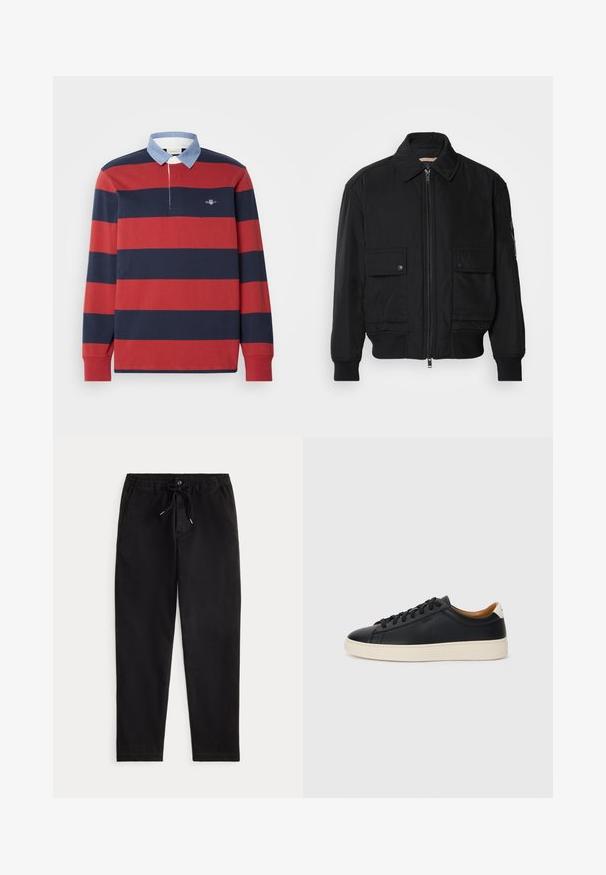 Sort bomberjakke lavet af glat, letvægtsstof. Har lynlås foran, to knap-lukkede brystlommer og ribbede manchetter.; GANT STRIPE HEAVY RUGGER - Langærmet T-shirt - iron red; Sorte casual bukser med elastisk talje, snorbinding, frontknap og sidelommer, præsenteret på en ensfarvet baggrund.; Sorte lædersneakers med en glat overflade, beige gummisål, snørebåndsdesign og en kontrastfarvet hæl.