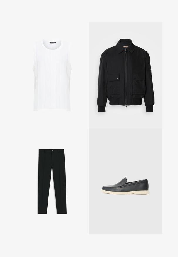 Zwarte bomberjack gemaakt van soepel, lichtgewicht materiaal. Voorzien van een ritssluiting aan de voorkant, twee knoopsluitingen op de borstzakken en geribbelde manchetten.; Witte mouwloze top van textuurstof met verticale ribbels en een ronde halslijn. Eenvoudig ontwerp zonder versieringen of patronen.; Zwarte dresspants met een recht pasvorm, gemaakt van een gladde stof. Heeft een sluiting met een knoop aan de voorkant en ceintuurlussen. Effen zonder patronen.; Zwarte leren instappers met een gestructureerde afwerking en een contrasterende beige rubberen zool. Beschikt over een subtiele accent langs de voorkant.