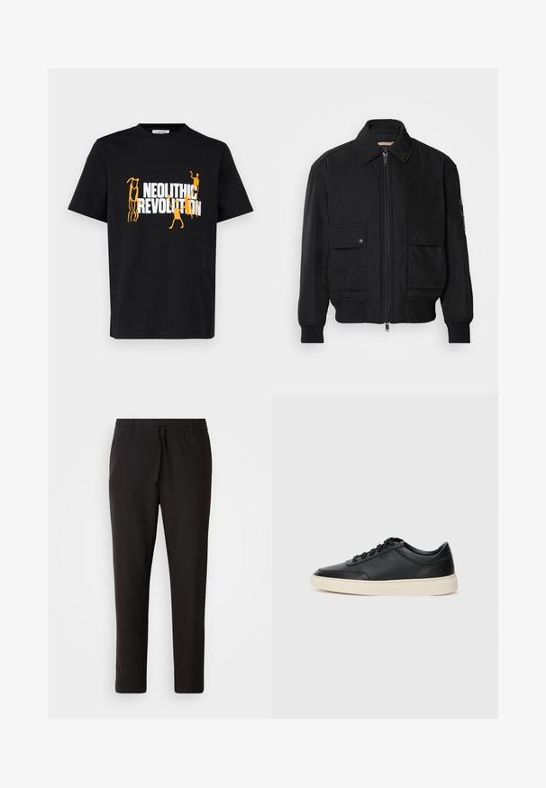 Black bomber jacket made of smooth, lightweight fabric. Features a zip front, two buttoned chest pockets, and ribbed cuffs.; Black cotton t-shirt featuring a graphic print with the text "NEOLITHIC REVOLUTION" in white and orange, depicting stylized figures.; Black jogger pants made of smooth fabric. Feature an elastic waistband with a drawstring, tapered legs, and no visible pockets. Simple design.; Black low-top leather sneaker with black laces and off-white sole shown in side profile on white background.