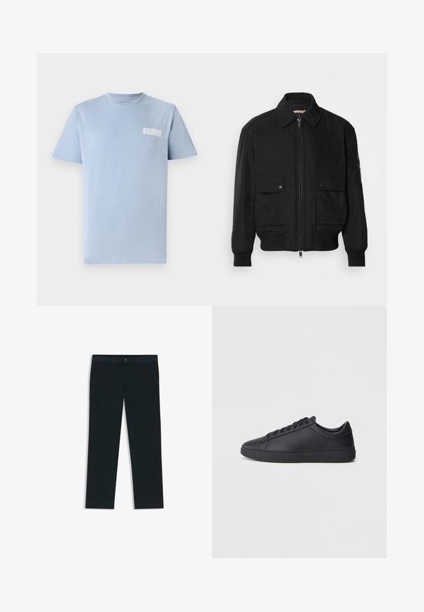 Black bomber jacket made of smooth, lightweight fabric. Features a zip front, two buttoned chest pockets, and ribbed cuffs.; Light blue cotton T-shirt with a crew neckline and short sleeves; features a small white "GUESS" logo on the left chest. Smooth texture.; Dark navy chinos made from cotton blend fabric. Features belt loops, front pockets, and a zipper fly with button closure.; Black sneakers made of smooth leather with a low-top design, round toe, and flat rubber sole. Features laces and subtle branding.