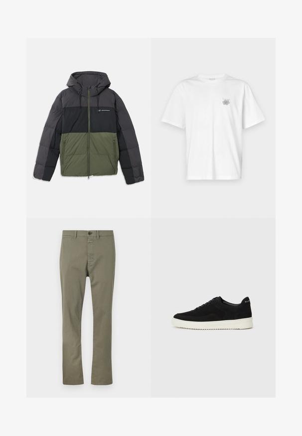 Vadderad jacka med huva som har en färgblockdesign i mörkgrått, svart och olivgrönt. Dragkedjestängning och sidofickor ingår.; Vit t-shirt i bomull med korta ärmar, rund hals och en liten grå logotyp på vänster bröst. Slät textur.; Olivgröna byxor i blandmaterial av bomull, med dragkedja, knappstängning och sidofickor. Rakt ben-design med en mjuk textur.; Svarta mockaskor med snörningsdesign och kontrasterande vita gummisulor. Har texturerade sidopaneler och diskret branding på hälen.