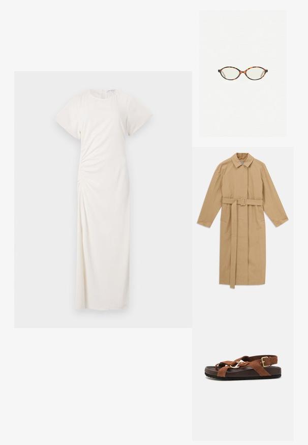 Beżowy długi płaszcz trencherowy z szerokim kołnierzem, długimi rękawami, paskiem z klamrą w talii oraz kieszeniami bocznymi, rozłożony na białym tle.; Jasnoszary kardigan wykonany z miękkiego materiału, z okrągłym dekoltem, długimi rękawami i pięcioma guzikami z przodu. Skrócony krój.; Biała sukienka z krótkimi rękawami, okrągłym dekoltem i bocznymi marszczeniami; gładki materiał w długości do podłogi.; Sœur MEXICO ciemnoczerwony; Okulary w kolorze tortoiseshell z owalnymi soczewkami i gładkim, eleganckim wykończeniem. Posiadają cienkie boki z delikatnym łukiem w okolicy skroni. Przezroczyste soczewki.