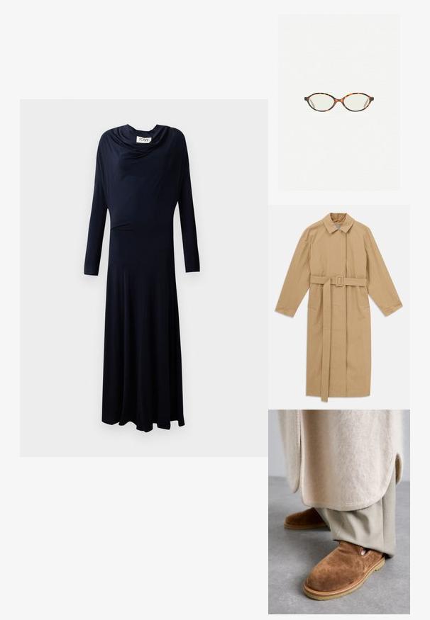 Beżowy długi płaszcz trencherowy z szerokim kołnierzem, długimi rękawami, paskiem z klamrą w talii oraz kieszeniami bocznymi, rozłożony na białym tle.; Jasnoszary kardigan wykonany z miękkiego materiału, z okrągłym dekoltem, długimi rękawami i pięcioma guzikami z przodu. Skrócony krój.; Długa sukienka w kolorze granatowym z dekoltem typu cowl, płynącym krojem i gładką tkaniną, z dopasowaną górą i rozkloszowanym dołem.; Brązowe zamszowe buty slip-on z zaokrąglonym noskiem, gumową podeszwą i bocznymi wycięciami, w połączeniu z jasnobeżowymi spodniami od garnituru.; Okulary w kolorze tortoiseshell z owalnymi soczewkami i gładkim, eleganckim wykończeniem. Posiadają cienkie boki z delikatnym łukiem w okolicy skroni. Przezroczyste soczewki.