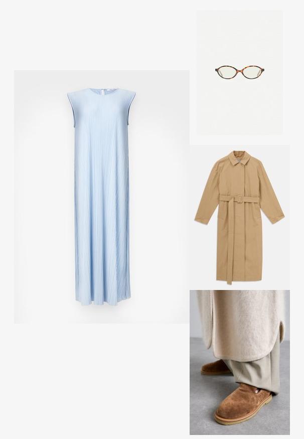 Trench coat lungo beige con ampio colletto, maniche lunghe, cintura con fibbia in vita e tasche laterali, posato su uno sfondo bianco.; Cardigan grigio chiaro realizzato in materiale morbido, con colletto tondo, maniche lunghe e cinque bottoni lungo la parte anteriore. Orlo corto.; Vestito senza maniche plissettato di colore azzurro chiaro con scollatura tonda e chiusura a occhiello sul retro. Forma ad A fluida, texture morbida e leggero lucido.; Scarpe slip-on in suede marrone con punta tonda, suola in gomma e dettagli a taglio laterale, abbinate a pantaloni beige chiaro su misura.; Occhiali in tartaruga con lenti ovali e una finitura liscia e elegante. Presentano aste sottili con una leggera curva alle tempie. Lenti trasparenti.