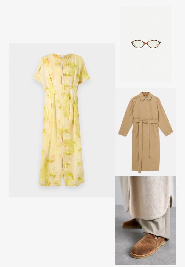 Bež dug trench kaput s širokim ovratnikom, dugim rukavima, pojasom s kopčom u struku i bočnim džepovima, položen ravno na bijeloj pozadini.; Svijetlosivi kardigan od mekanog materijala, s okruglim izrezom, dugim rukavima i pet dugmadi na prednjem dijelu. Kratak kroj.; Žuta lanena haljina s cvjetnim uzorkom; kratki rukavi, V-izrez i detalj s gumbima na prsima. Proljetni silueta i dizajn do koljena.; Smeđe suede slip-on cipele s zaobljenim vrhom, gumeni đon i detalj s bočnim izrezom, u kombinaciji sa svijetlosmeškim krojenim hlačama.; Naočale u boji kornjače s ovalnim staklima i elegantnim, glatkim završetkom. Imaju tanke strane s suptilnom krivuljom na sljepoočnicama. Prozirna stakla.