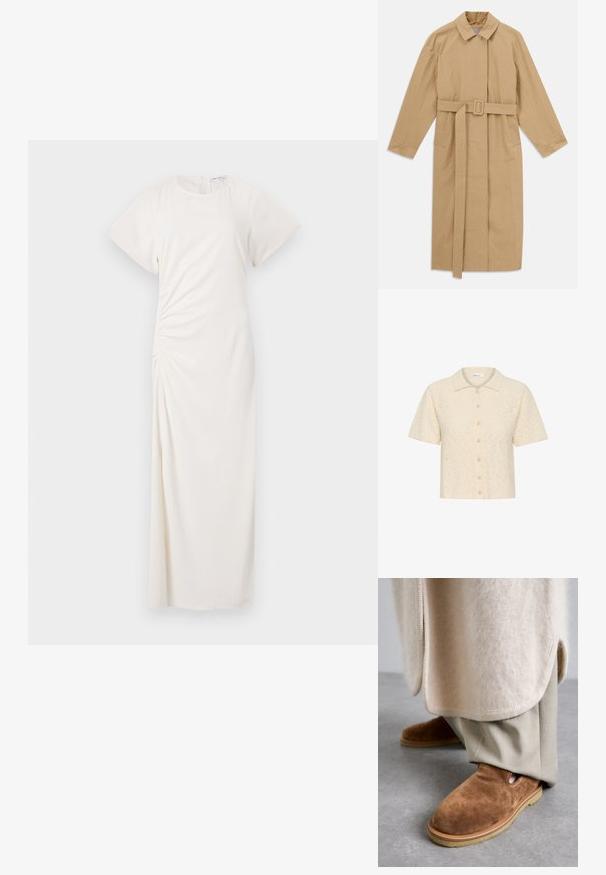Bež dolg plašč s širokim ovratnikom, dolgimi rokavi, pasom z zaponko v pasu in stranskimi žepi, ležijo ravno na belem ozadju.; Srajca s kratkimi rokavi v kremni barvi, izdelana iz teksturirane tkanine z mehkimi dodelavami. Ima ovratnik in zaklepanje s perlastimi gumbi.; Bela obleka s kratkimi rokavi, okroglim izrezom in turističnimi detajli; gladka tkanina z dolžino do tal.; Rjave semiš copate z zaobljenim nosom, gumijastim podplatom in stranskimi izrezi, v kombinaciji s svetlo bež krojenimi hlačami.