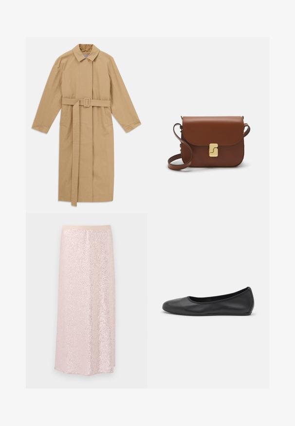 Beige lange trenchcoat met brede kraag, lange mouwen, riem met gesp in de taille en zijzakken, plat gelegd op een witte achtergrond.; Witte lange mouwen blouse met mandarijnkraag en verborgen knoopsluiting, weergegeven op een witte achtergrond.; Roze paillettenrok met een gladde tailleband, met een gestructureerd oppervlak en een A-lijn ontwerp tot op de knie. Reflecterende pailletten creëren een glinsterend effect.; Zwarte leren ballerina met een ronde neus, gladde textuur, minimale stikdetails en een flexibele zoolontwerp.; Bruine leren handtas met een klep sluiting, gouden hardware, een schouderband en een gladde textuur. Compact rechthoekige vorm.