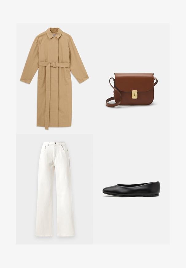 Beige pitkä trenssitakki, jossa on leveä kaulus, pitkät hihat, vyö soljella vyötäröllä ja sivutaskut, asetettuna tasaiseksi valkoiselle taustalle.; Musta pitkähihainen poolotoppi, joka on valmistettu sileästä kankaasta, jossa on röyhelökaulus ja tiukka siluetti yksinkertaisilla reunoilla.; Valkoiset leveälahkeiset farkut, joissa on nappikiinnitys, vyölenkit ja viisi taskua. Sujuva pinta, jossa näkyvät ompeleet.; Paul Smith TOPANGA - Ballerinat - black; Ruskea nahkainen käsilaukku, jossa on läppäkiinnitys, kultasävyiset yksityiskohdat, olkahihna ja sileä pinta. Kompaktin suorakaiteen muotoinen.