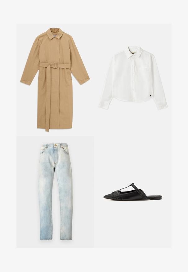 Abrigo largo beige con amplio cuello, mangas largas, cinturón con hebilla en la cintura y bolsillos laterales, dispuesto sobre un fondo blanco.; Camisa blanca de manga larga recortada hecha de algodón. Presenta un cierre frontal con botones, un bolsillo en el pecho y un pequeño logo negro en la parte inferior izquierda.; Vaqueros de denim azul claro con corte recto, cinco bolsillos y cierre de botón. Textura desgastada en todo el pantalón, con costuras detalladas en las costuras.; Zapato de piel negra tipo slingback con punta afilada, que presenta un detalle trenzado y un diseño superior plisado. Suela plana con hardware mínimo.