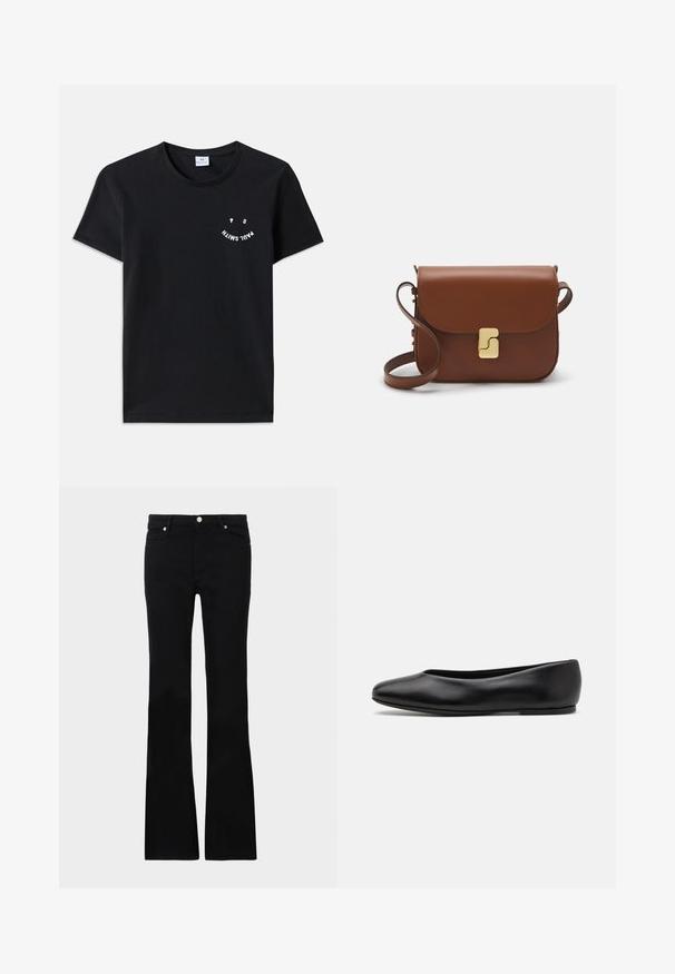 Beige hosszú trench kabát széles gallérral, hosszú ujjakkal, övvel csattal a deréknál és oldalsó zsebekkel, fehér háttérre fektetve.; Fekete pamut póló kerek nyakkal és rövid ujjakkal. Elülső részén ívelt dizájnú fehér grafikus felirattal. Minimalista stílus.; Fekete, bővülő szárú farmernadrág, két elülső zsebből áll, gombos záródással és sima textúrával rendelkezik. A varrásoknál látható a jellegzetes öltés.; Paul Smith TOPANGA - Balerina cipők - black; Barna bőr kézitáska, hajtókás zárással, arany színű fém kiegészítőkkel, vállpánttal és sima felülettel. Kompakt téglalap alakú.