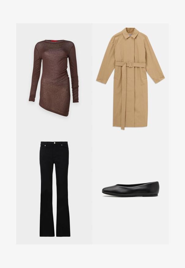 Bež dug trench kaput s širokim ovratnikom, dugim rukavima, pojasom s kopčom u struku i bočnim džepovima, položen ravno na bijeloj pozadini.; Smeđa haljina dugih rukava izrađena od blago teksturiranog, prozirnog materijala. Ima okrugli izrez i asimetričnu donju obrubu s naborima.; Crne široke traperice izrađene od denima, s dva prednja džepa, kopčanjem na dugme i glatkom teksturom. Potpisna šavova vidljiva na šavovima.; Paul Smith TOPANGA - Balerinke - black