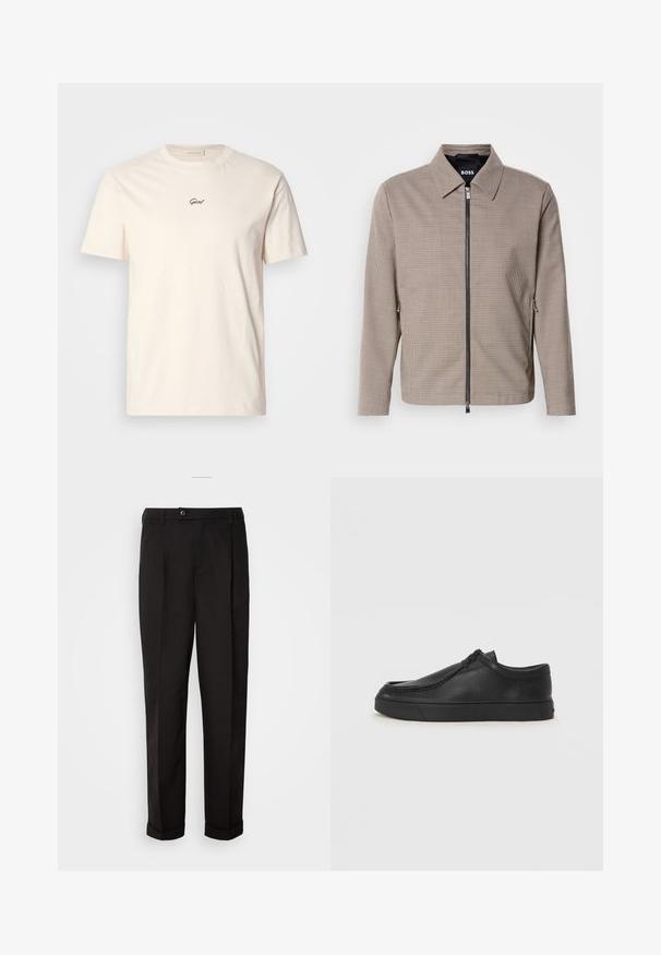 Brunternede tæppet zip-jakke med spids krave, sidelommer og en glat tekstur. Har en metal lynlås og subtile design detaljer.; Cremefarvet bomulds t-shirt med korte ærmer og rund udskæring. Har et lille sort broderet logo på brystet. Blød tekstur.; Sorte bukser med en glat tekstur, som har lige snit, to forlommer og en enkelt knaplukning i taljen.; Sorte læderslippersko med en rund tå, stikninger og sort gummisål. Glat tekstur med minimalistisk design.