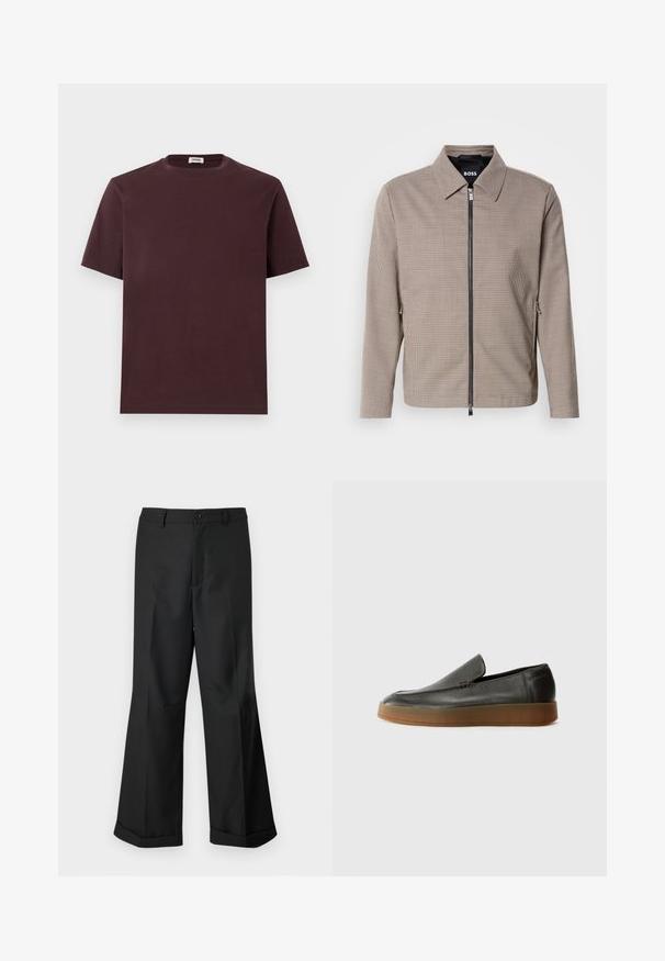 Chaqueta de cierre con cremallera a rayas marrones, con un collar puntiagudo, bolsillos laterales y una textura suave. Presenta una cremallera metálica y detalles de diseño sutiles.; Camiseta de algodón burdeos con cuello redondo, mangas cortas y un corte relajado. Sin logotipos ni patrones visibles. Textura suave.; Pantalones anchos negros con cintura abotonada y dobladillos con puños, exhibidos sobre un fondo blanco liso.; Calvin Klein HYBRID CUP - Zapatos sin cordones - after dark