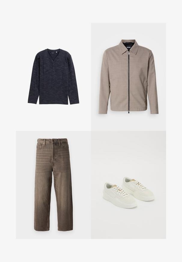 Barna kockás, cipzáras dzseki hegyes gallérral, oldalsó zsebekkel és sima textúrával. Fém cipzárral és diszkrét dizájn részletekkel rendelkezik.; Hosszú ujjú, sötétkék henley ing, textúrált mintával, V-kivágással és három gombos záródással. Puha anyag.; Barna, széles lábú farmernadrág, denim anyagból készült. Cipzáras záródás, övbújtatók és öt zseb található rajta. Az anyag megjelenése halvány pattanásos hatású.; Két sárgásfehér alacsony szárú sportcipő bézs kiegészítőkkel, vastag talppal és fehér fűzőkkel, sima fehér háttéren.