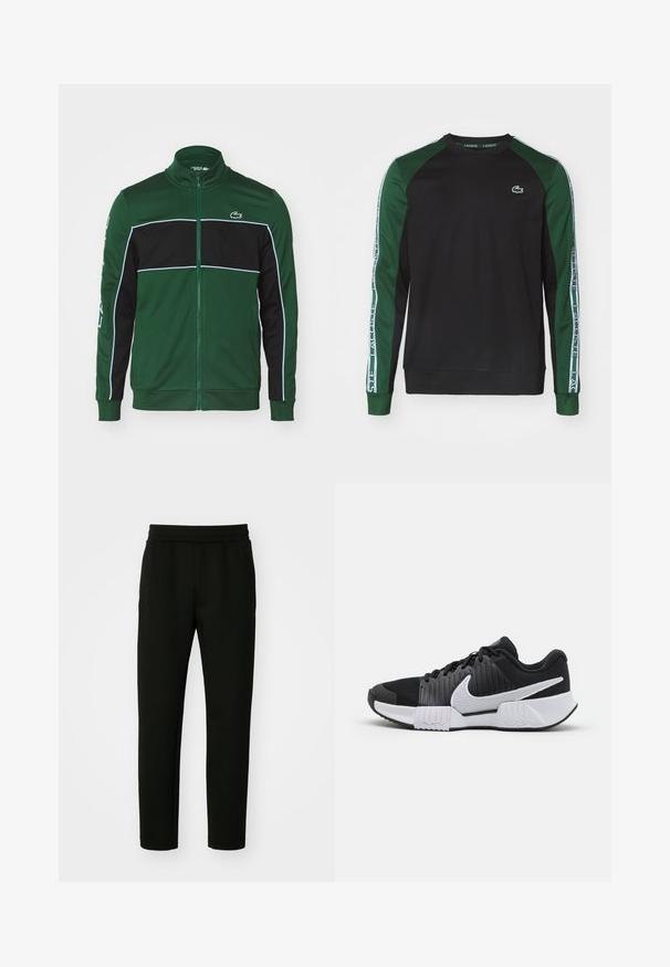 Chaqueta verde con cremallera y franjas horizontales negras, ribete blanco y logo de Lacoste en el lado izquierdo del pecho y en la manga. Fabricada con tejido suave.; Sudadera negra con mangas raglán verdes. Presenta un logo blanco y texto a lo largo de las mangas. Está hecha de una tela suave y tejida.; Pantalones de chándal negros hechos de una tela suave y elástica. Presentan una forma ajustada, cinturilla elástica y bolsillos laterales. Diseño simple y minimalista.; Zapatillas deportivas en blanco y negro con una parte superior texturizada, refuerzo en el talón y un destacado logo de swoosh. Suela plana con tracción estampada.