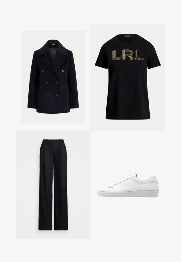 Navy double-breasted peacoat made of wool, featuring large buttons, broad lapels, and side pockets. Smooth interior lining.; Black cotton t-shirt with short sleeves featuring gold embroidered "LRL" text on the front. Round neckline, relaxed fit, smooth texture.; Black wide-leg trousers featuring a smooth finish, flat front, belt loops, and a single button closure at the waist.; White leather sneaker with a smooth texture, round toe, flat sole, stitched detailing, and five pairs of eyelets for laces. Minimalist design.