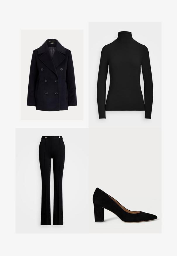 Tengerészkék, dupla soros gyapjú peacoat, nagy gombokkal, széles hajtókkal és oldalzsebekkel. Sima belső bélés.; Fekete, hosszú ujjú garbó, sima anyagból készült. Magas nyakkal és testhezálló fazonnal rendelkezik, látható minták vagy díszítések nélkül.; Fekete harang szabású nadrág, rugalmas anyagból, magas derekú, két elülső zsebbel és ezüst gombos díszítéssel a deréknál.; Fekete velúr magassarkú cipő, hegyes orral és tömbsarkal. A dizájn sima textúrával és klasszikus szilhuettel rendelkezik.