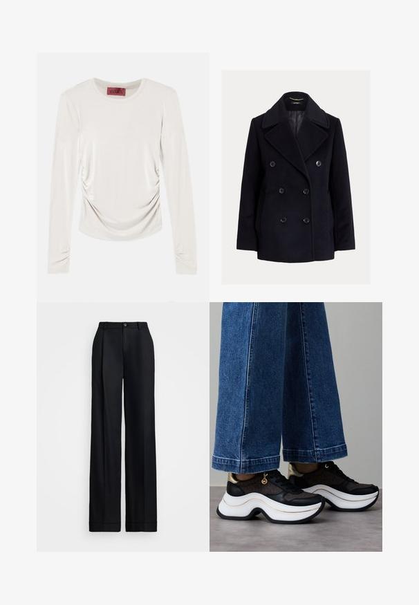 Abrigo cruzado azul marino de paño, confeccionado en lana, con grandes botones, solapas anchas y bolsillos laterales. Forro interior suave.; Top de manga larga color crema con laterales y mangas fruncidas, escote redondo y una etiqueta roja dentro del cuello.; Pantalones de pierna ancha negros con un acabado suave, frente plano, trabillas para cinturón y un cierre de botón único en la cintura.; Zapatillas negras y doradas con suela curva blanca. Tela texturizada con detalles de logotipos. Combinadas con pantalones anchos de mezclilla azul.