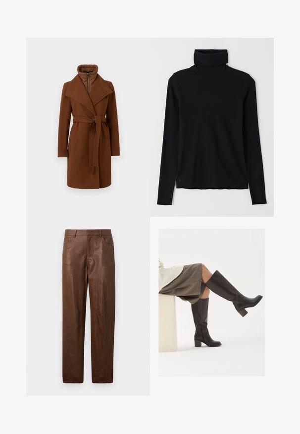 Brown wool blend coat with a belted waist, wide lapels, and a high collar. Features a zippered front and quilted interior for insulation.; Black turtleneck sweater made of ribbed fabric. Long sleeves, close-fitting design, and a slightly relaxed hem with no visible patterns or hardware.; Brown leather pants with a smooth texture, straight leg design, and two side pockets. Features visible stitching details.; Brown leather knee-high boots with a square toe, chunky heel, and side zipper. Smooth texture with a polished finish.